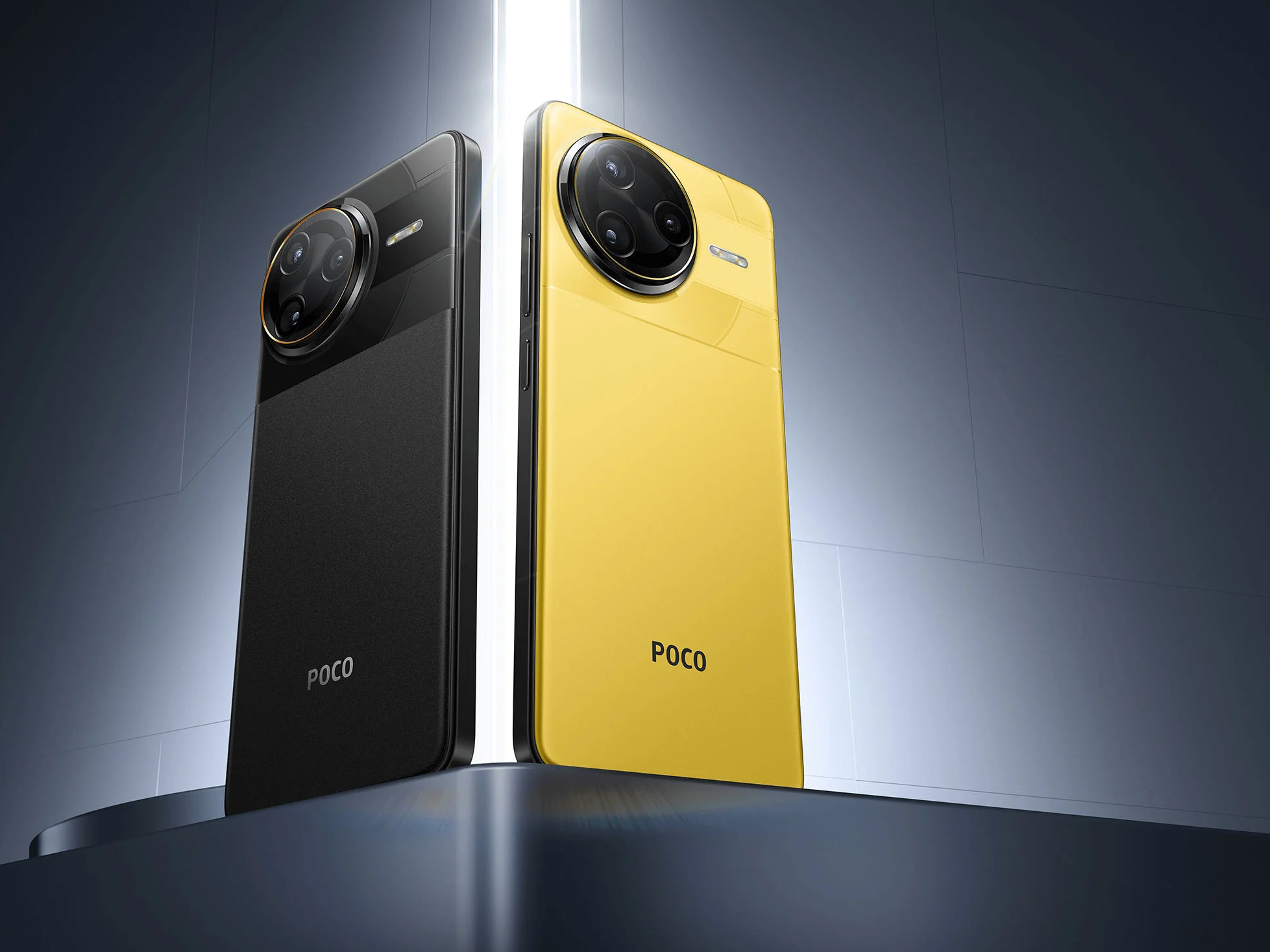 Promotional design for Poco F8 series smartphone featuring audio and processor highlights.