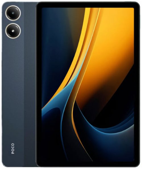 A POCO Pad M1 tablet showcasing benchmark scores on its screen in a bright and modern workspace.