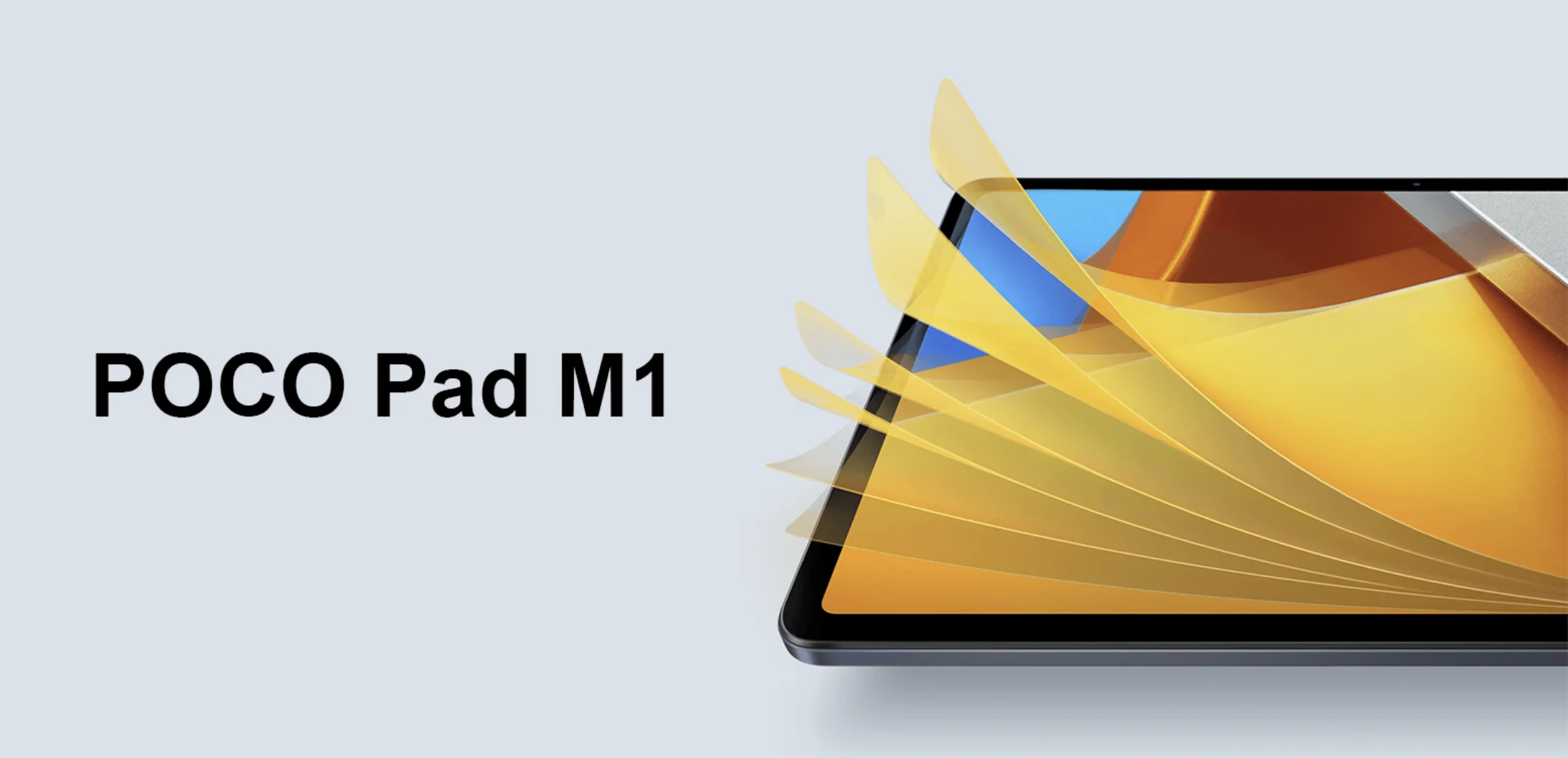 A stylish advertisement showcasing the features of the POCO Pad M1 tablet with a modern design.