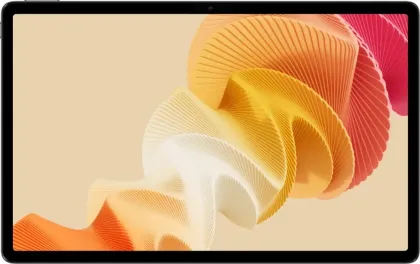 Illustration of the Realme Pad 3 tablet showcasing its design and features with grey, blue, and green colors in a tech-inspired setting.