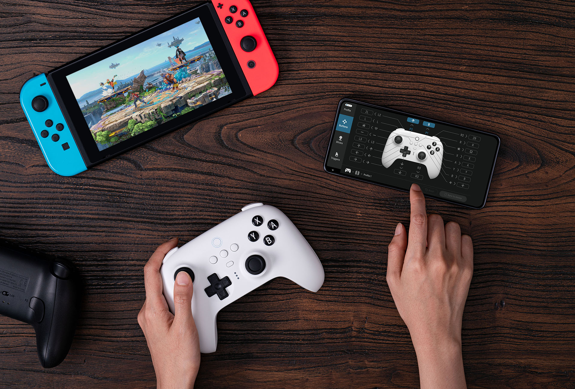 Artistic illustration of the 8BitDo Rare 40th Anniversary Xbox Wireless Controller featuring blue and gold colors.