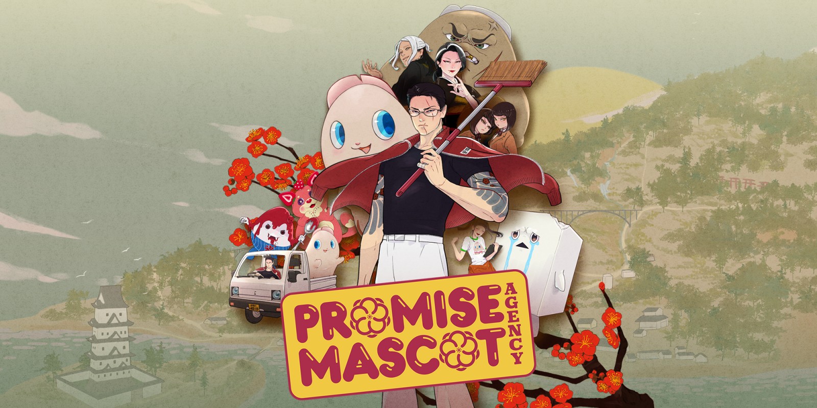 Concept art for 'Promise Mascot Agency', depicting a vibrant and whimsical island landscape with mascots and a unique rocket truck.