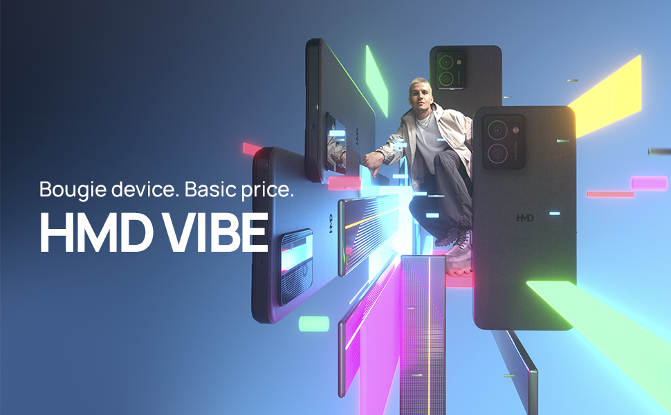 An artistic depiction of the HMD Vibe 2 smartphone highlighting its features like the HD+ IPS LCD screen, waterdrop notch design, and modern camera setup.