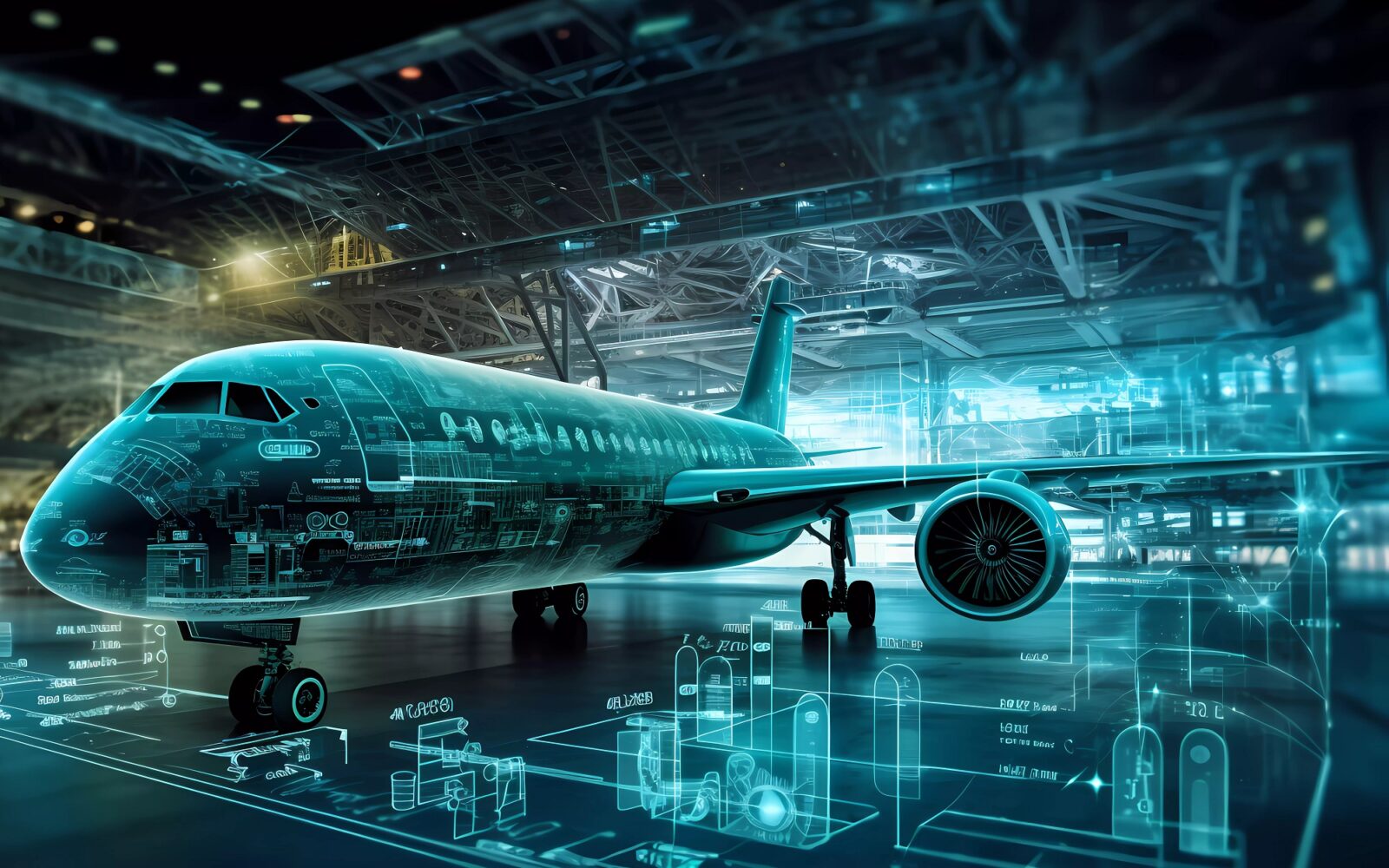 An illustration of artificial intelligence enhancing airport operations, showing real-time monitoring of airplane turnaround processes with data analytics.