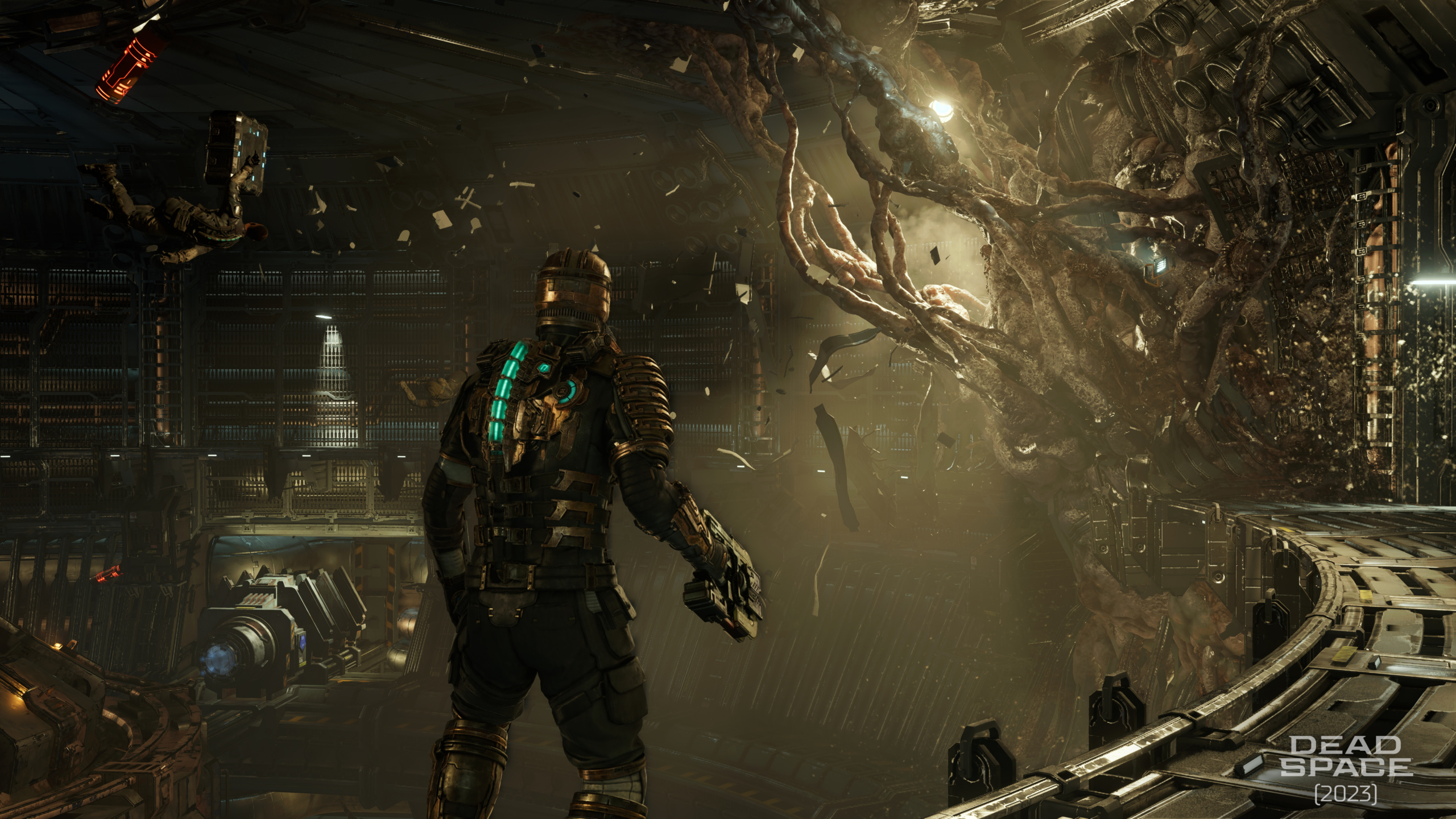 A dark and atmospheric depiction of a horror game setting inspired by Dead Space, with elements of abandoned spacecraft and an eerie space environment.