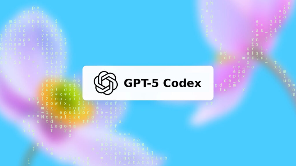 An abstract representation of OpenAI's advanced coding model GPT-5.2-Codex, showcasing complex coding tasks and a digital environment with futuristic elements.
