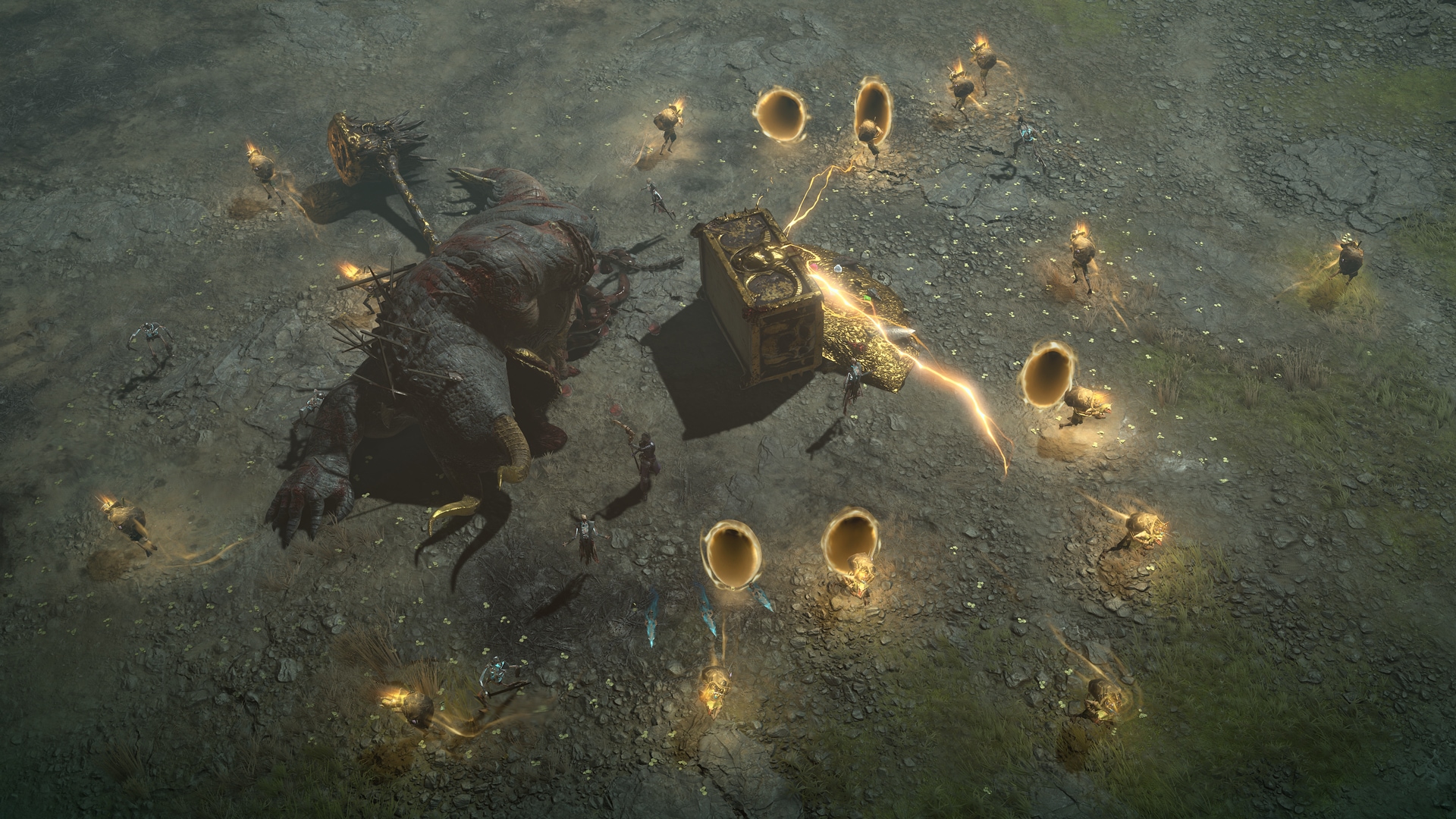 Epic fantasy scene from Diablo 4's Goblin Greedings event featuring players battling goblins and collecting loot in a winter setting.