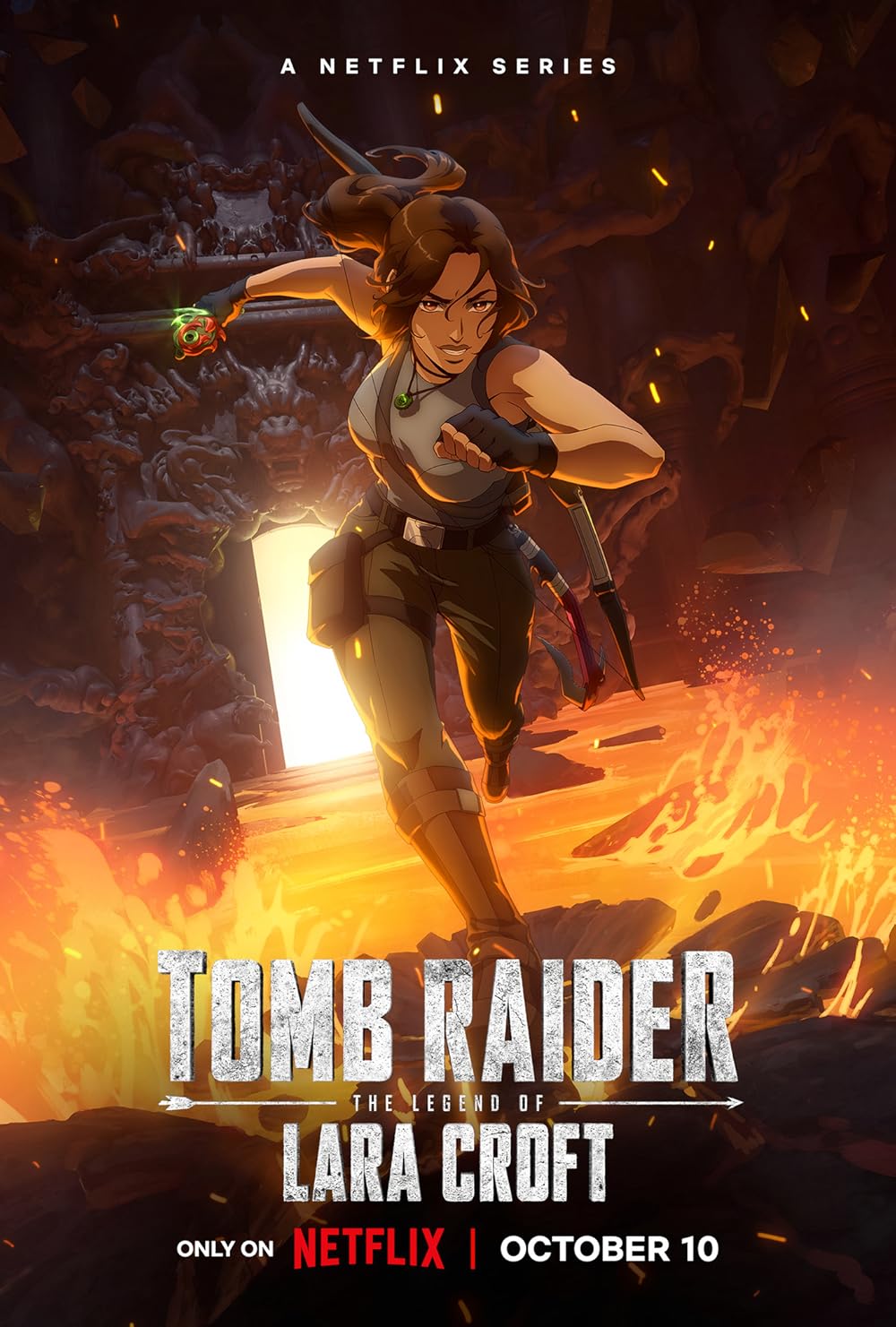 Artistic depiction of Sophie Turner as Lara Croft in the upcoming Tomb Raider TV series, featuring lush jungles and ancient ruins.