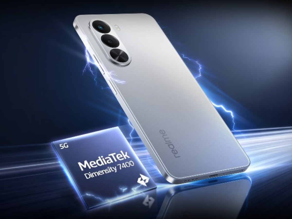 Realme P4x 5G smartphone with Realme Watch 5 on a modern tech-inspired background.