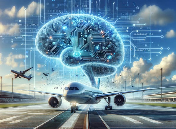 A futuristic airport scene illustrating artificial intelligence technology enhancing aviation operations, focusing on automated processes and efficiency.