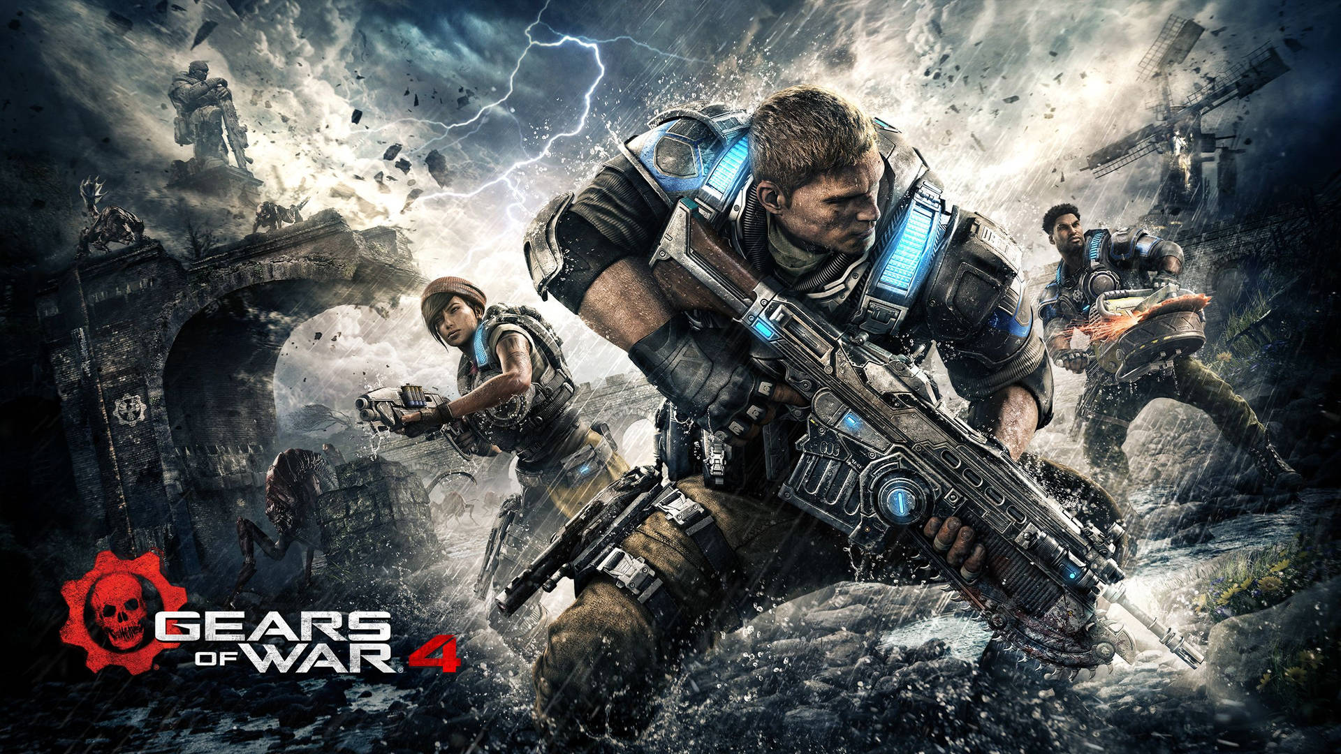 Dramatic artwork inspired by Gears of War featuring a skull and war-torn landscape in red and black tones for the upcoming game E-Day.