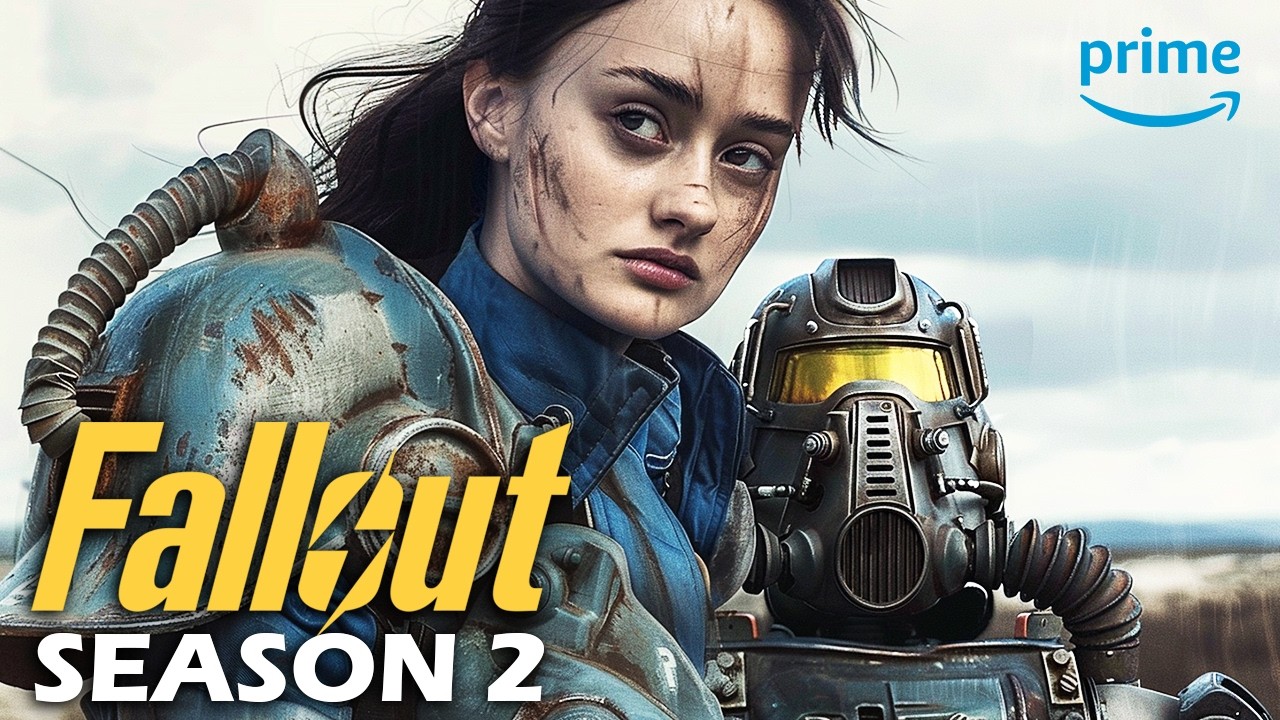 Poster for the second season of Fallout featuring characters and a post-apocalyptic landscape.
