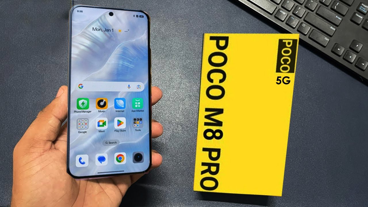 A sleek modern smartphone, the POCO M8, showcasing its advanced features including a 50 MP camera, an OLED display, and vibrant color options in a tech-inspired setting.