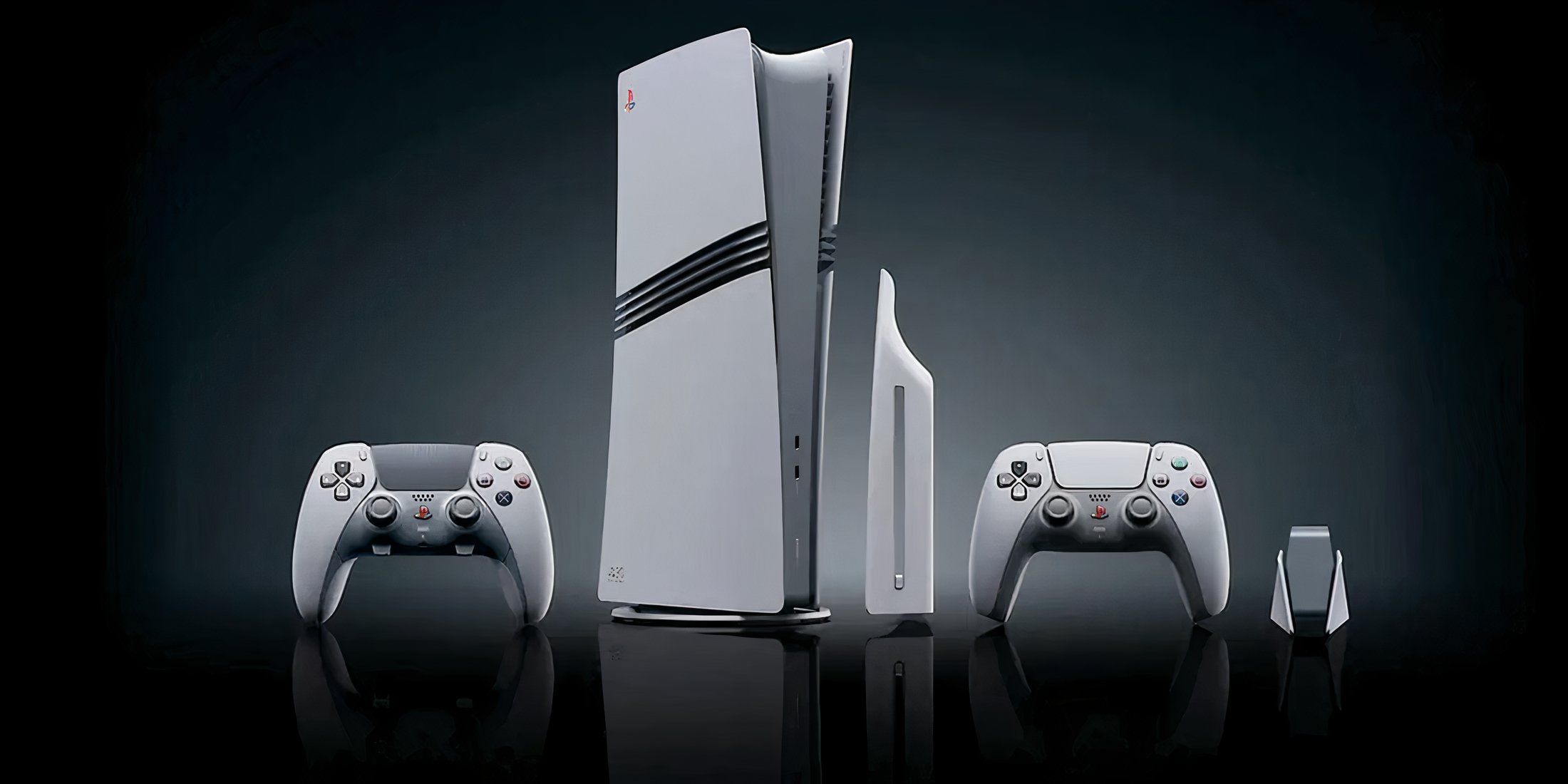 Digital artwork of the futuristic PlayStation 5 Pro console showcasing its advanced technological features and an imaginative gaming landscape.