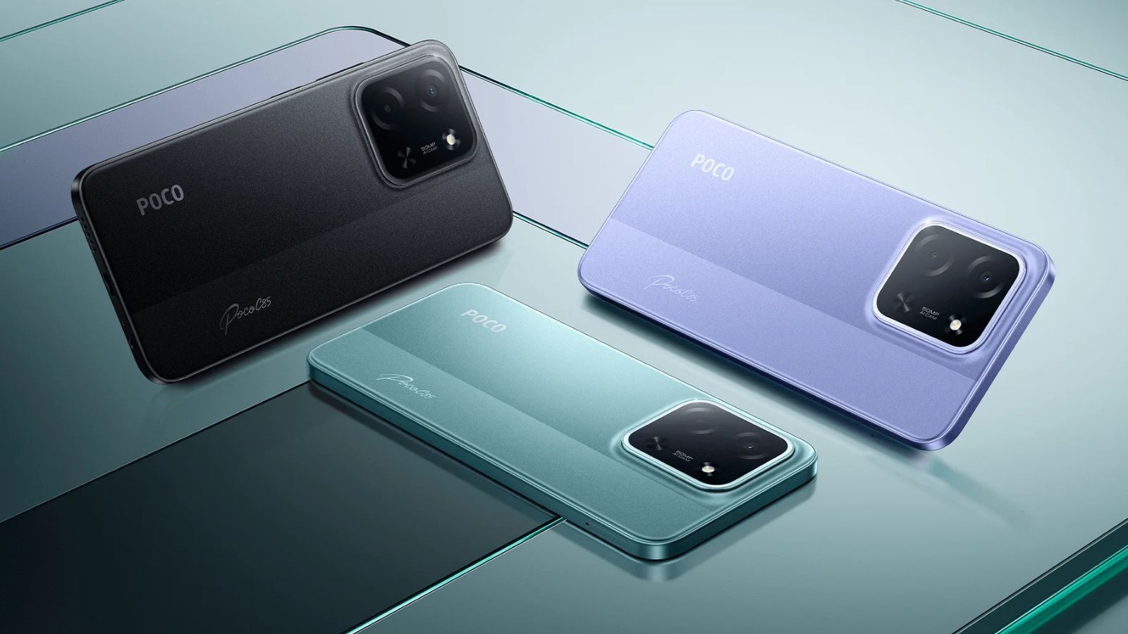 Poco C85 5G smartphone showcasing features like 50 MP camera, 5,000 mAh battery, and 5G connectivity.