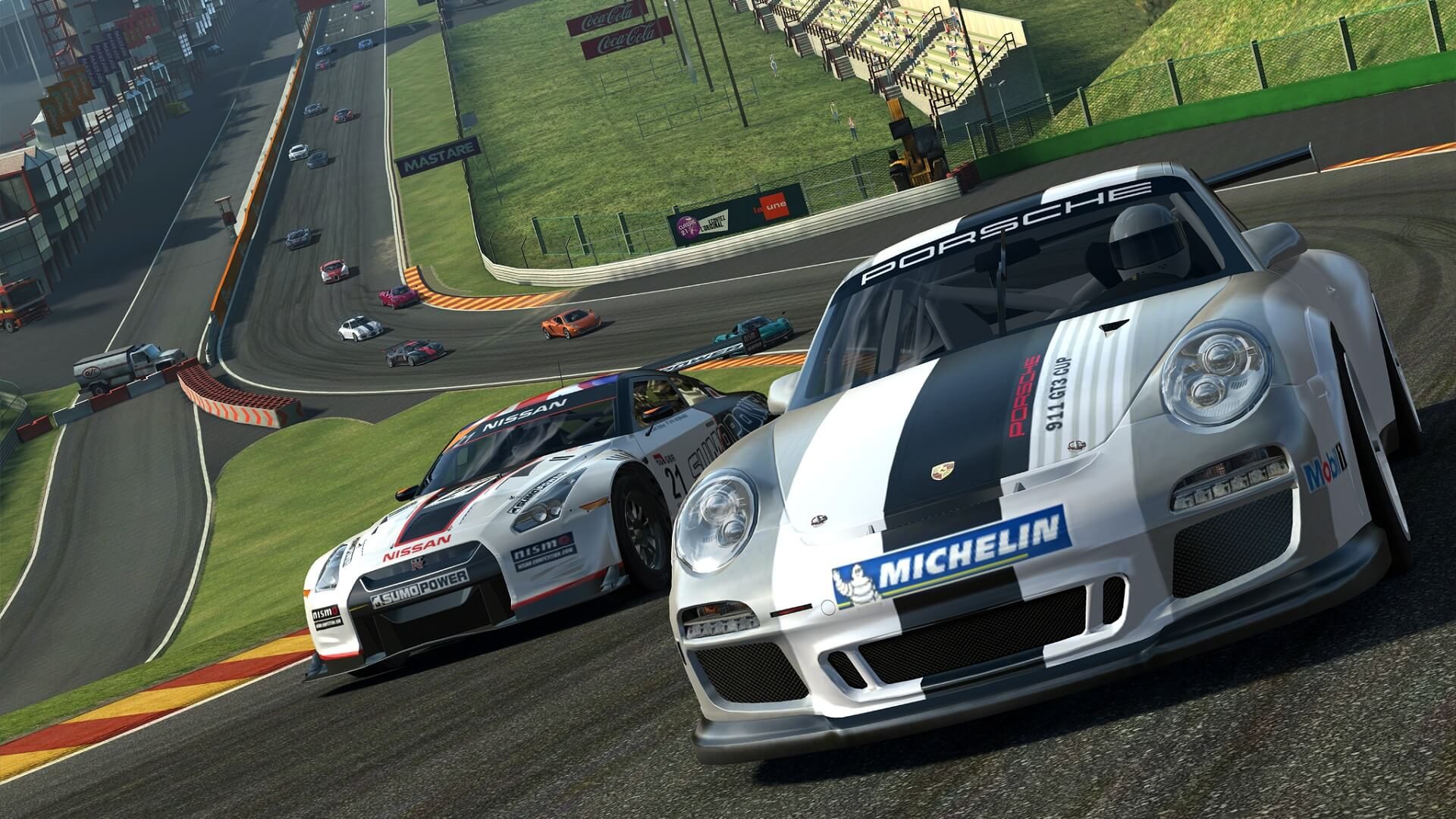 A nostalgic digital artwork representing the closure of Real Racing 3, featuring iconic racing cars like Audi S1 and Rimac Nevera on a vibrant racetrack during sunset.