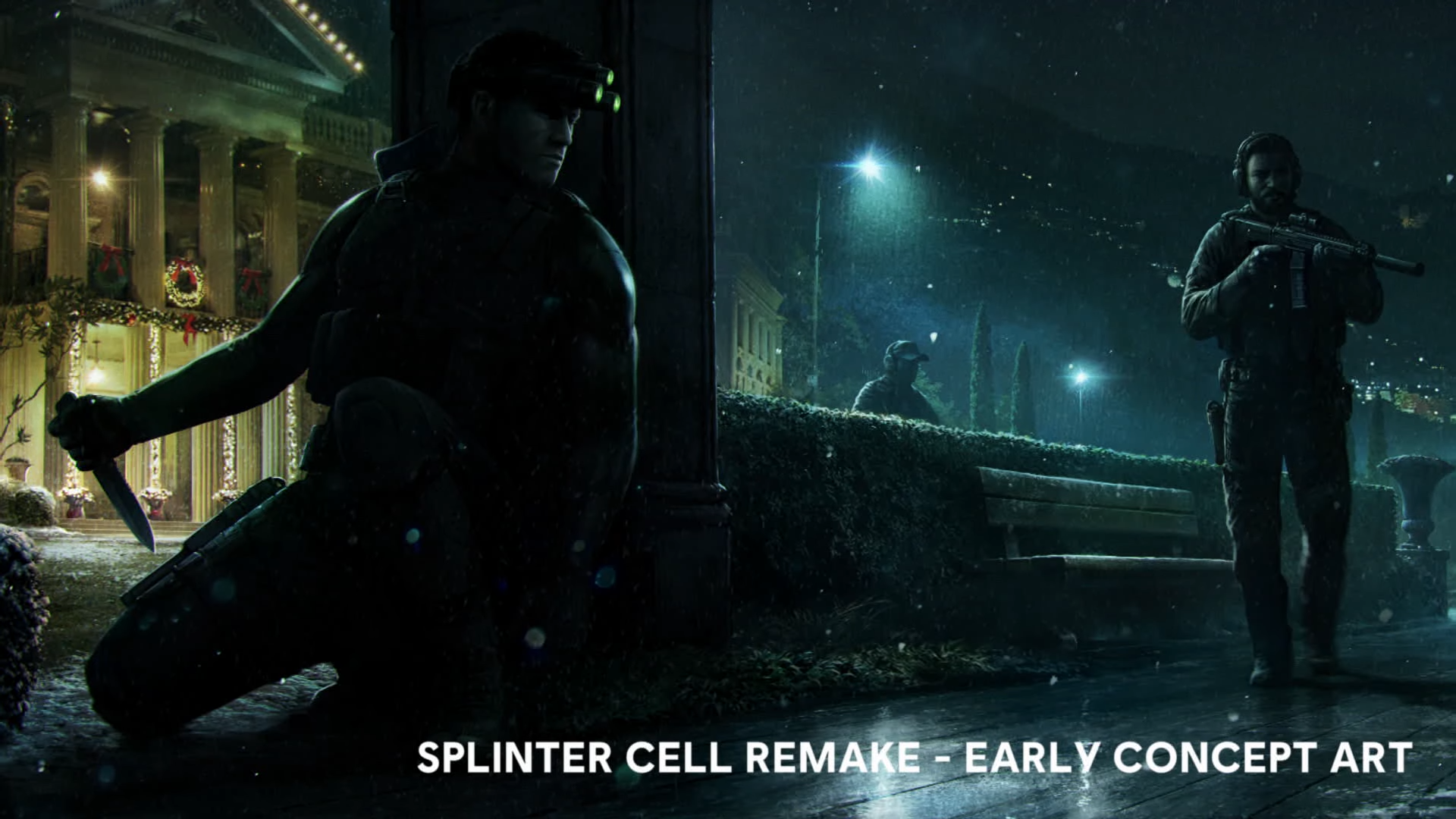 Cinematic artwork of a scene from the Splinter Cell remake, showcasing a stealthy protagonist in a tactical suit within a moody urban landscape.