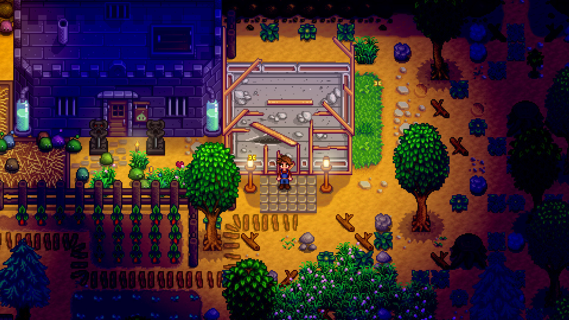 An illustrated scene depicting a new farm in Stardew Valley, featuring lush greenery and charming characters, showcasing elements of fishing and animal husbandry.