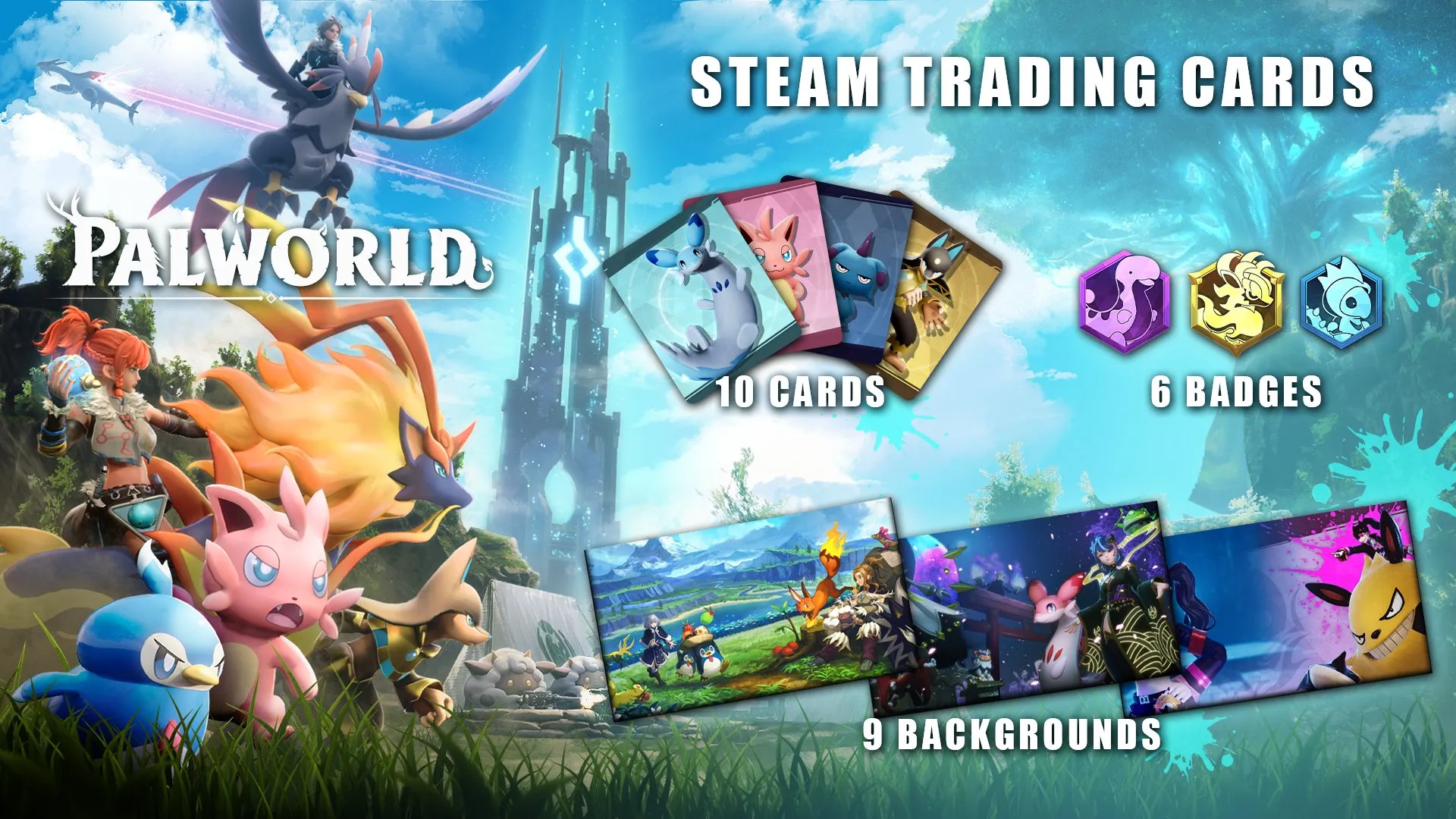 Illustration of the vibrant fantasy trading card game 'Palworld' featuring unique creatures and players in action.