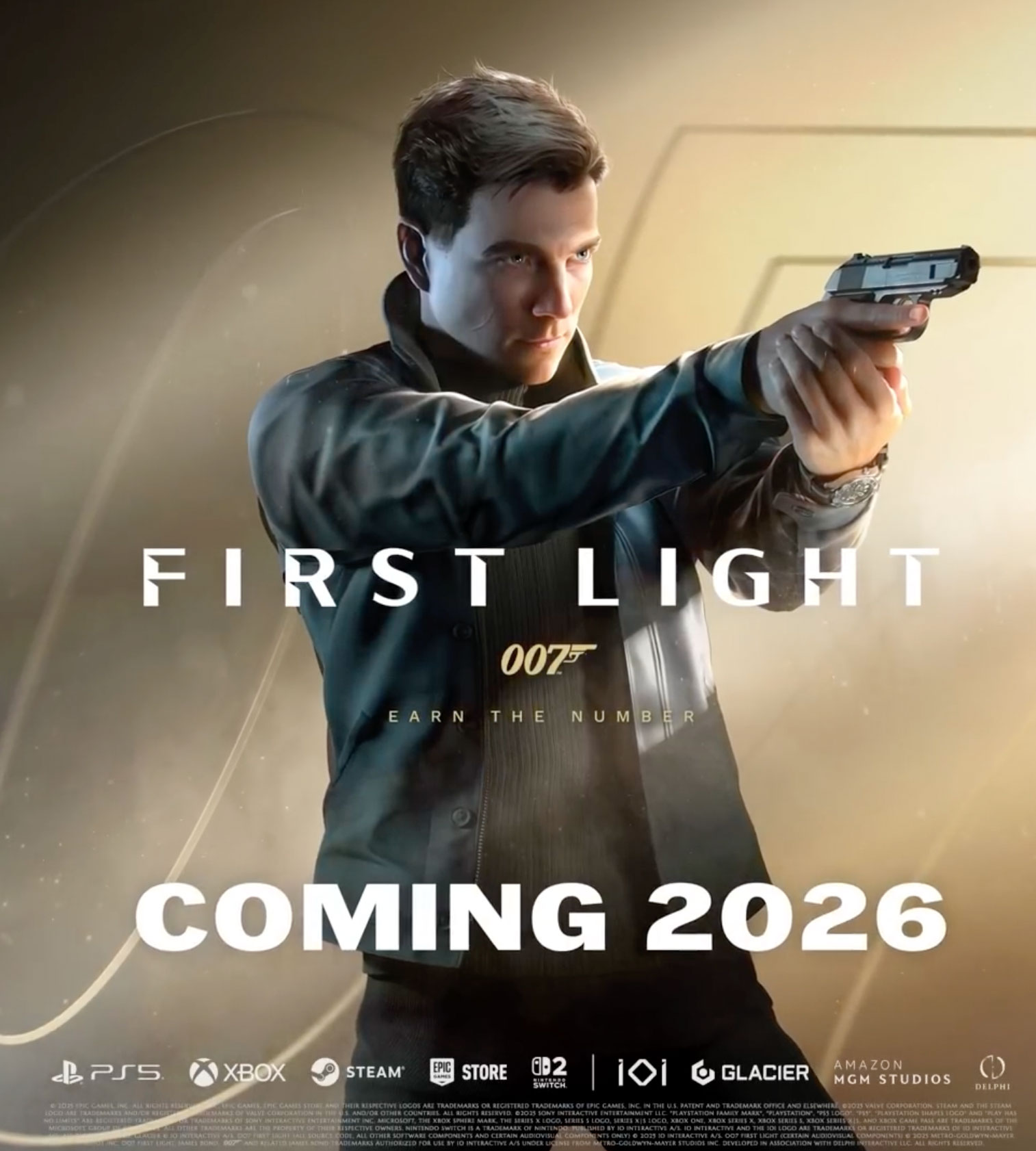 007 First Light: Sistem Gereksinimleri ile Eski Kartlara Veda 1 Digital artwork of James Bond character in 007 First Light video game, set in a neon-lit city with a spy theme.