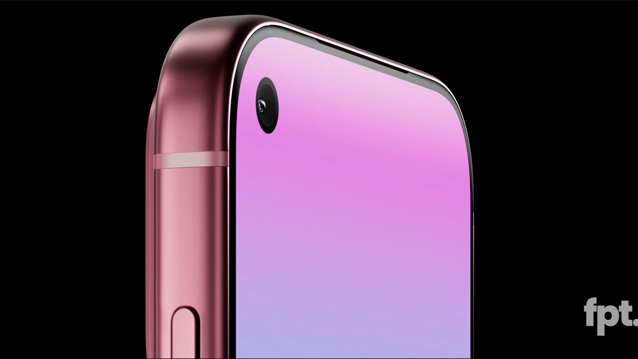 Futuristic image of the iPhone 18 Pro showcasing its smaller Dynamic Island design and advanced OLED screen.