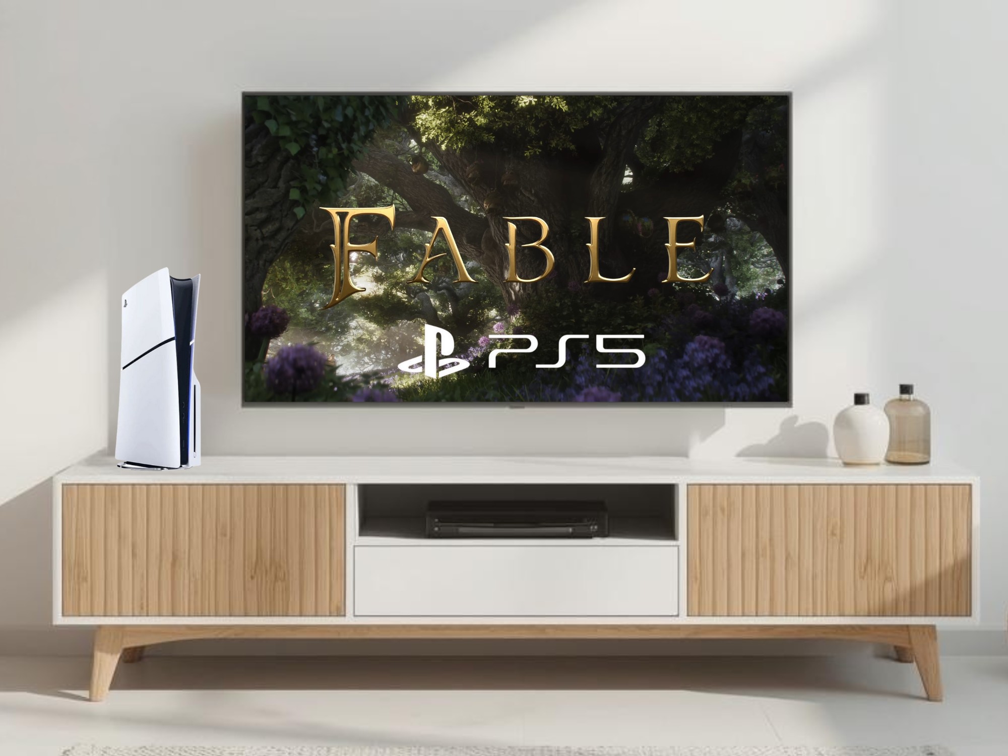 Promotional artwork for Fable game launch on PlayStation 5 featuring vibrant fantasy landscape and PS5 console.