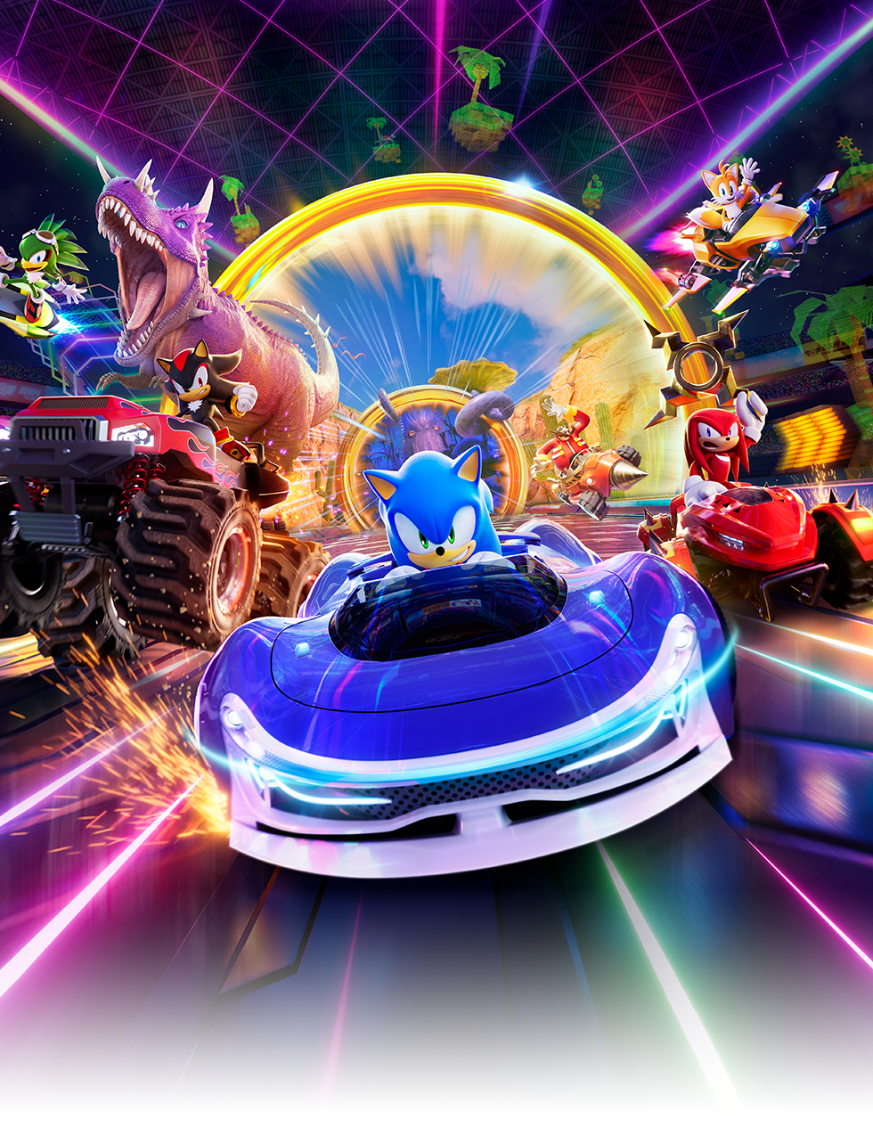 Cover art for Sonic Racing: CrossWorlds on Switch 2 featuring Sonic the Hedgehog racing on colorful tracks.