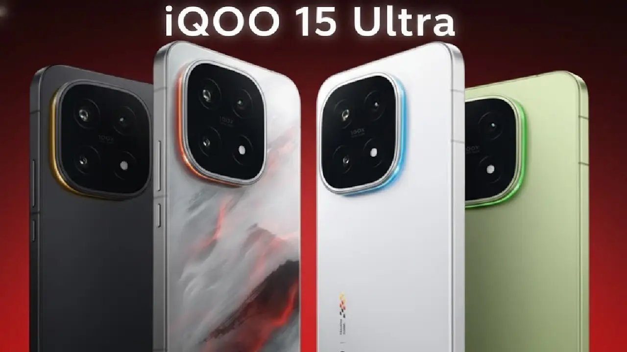 Futuristic illustration of iQOO 15 Ultra smartphone highlighting gaming features and advanced technology.
