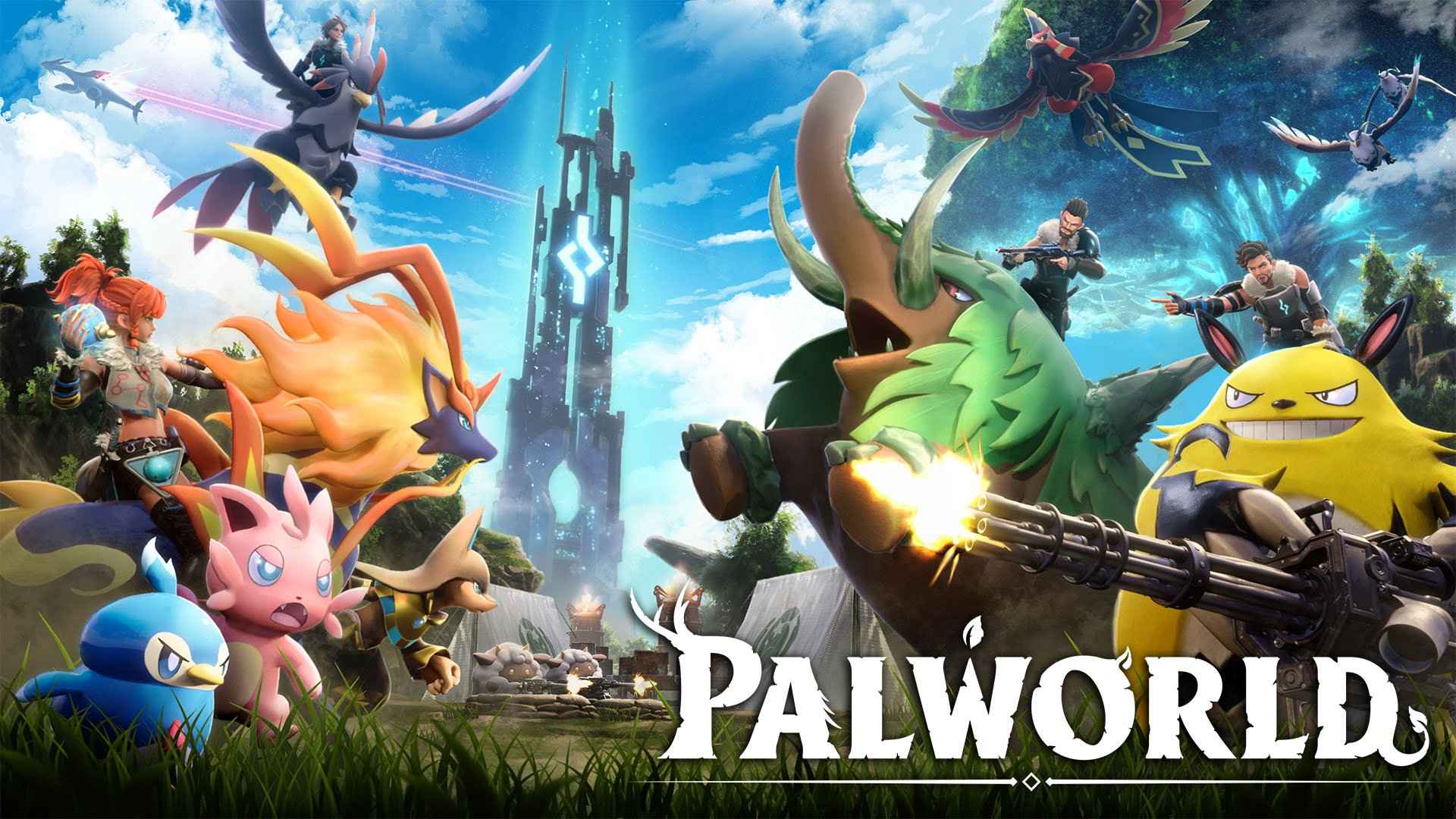 Illustration depicting gameplay from Palworld trading card game, featuring unique creatures and vibrant battle scenes.