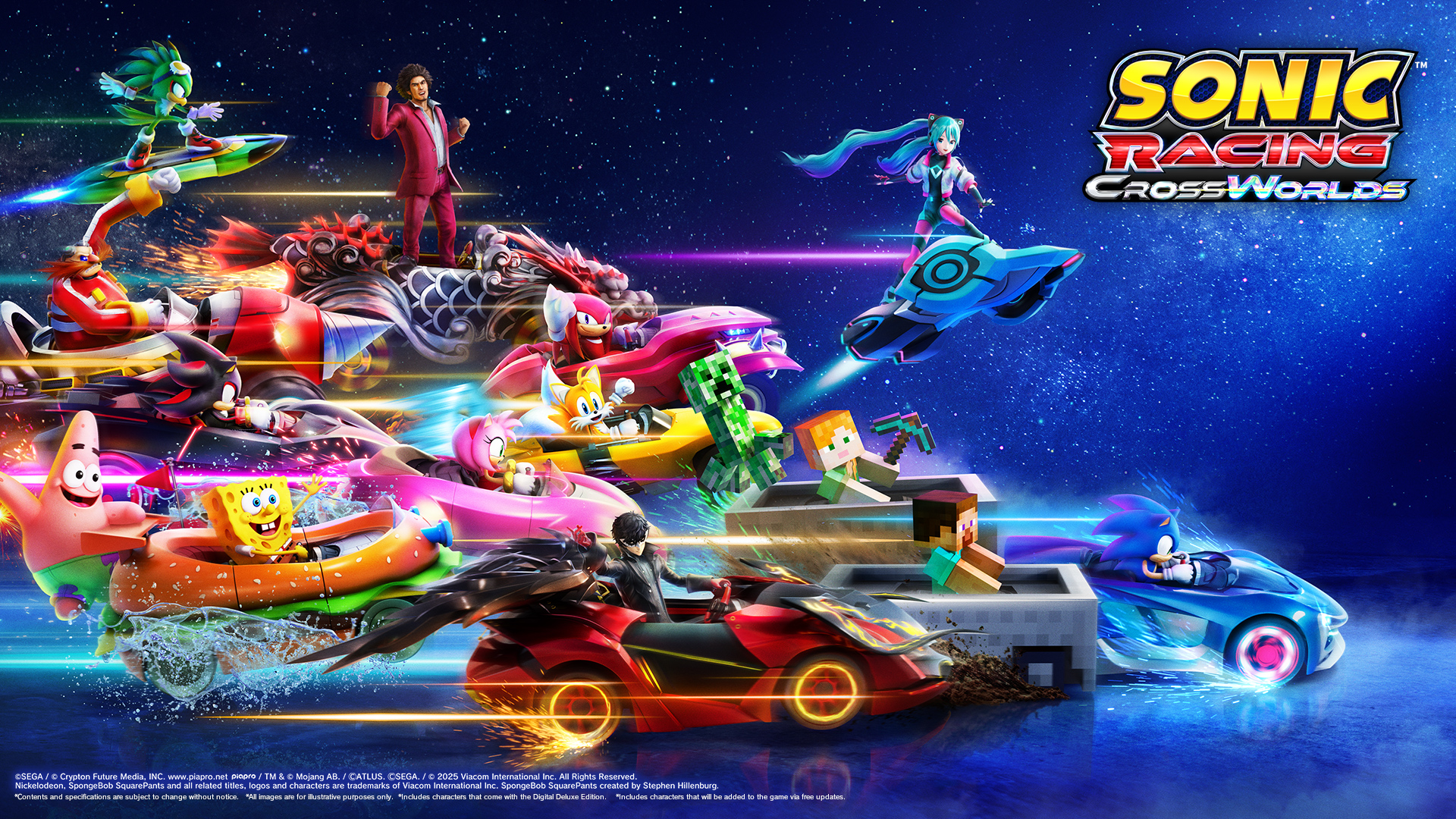 An exciting illustration of Sonic the Hedgehog racing in Sonic Racing: CrossWorlds for Switch 2, featuring colorful tracks and characters.