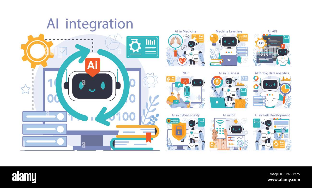 A futuristic representation of artificial intelligence integration in various sectors like healthcare, finance, and marketing.
