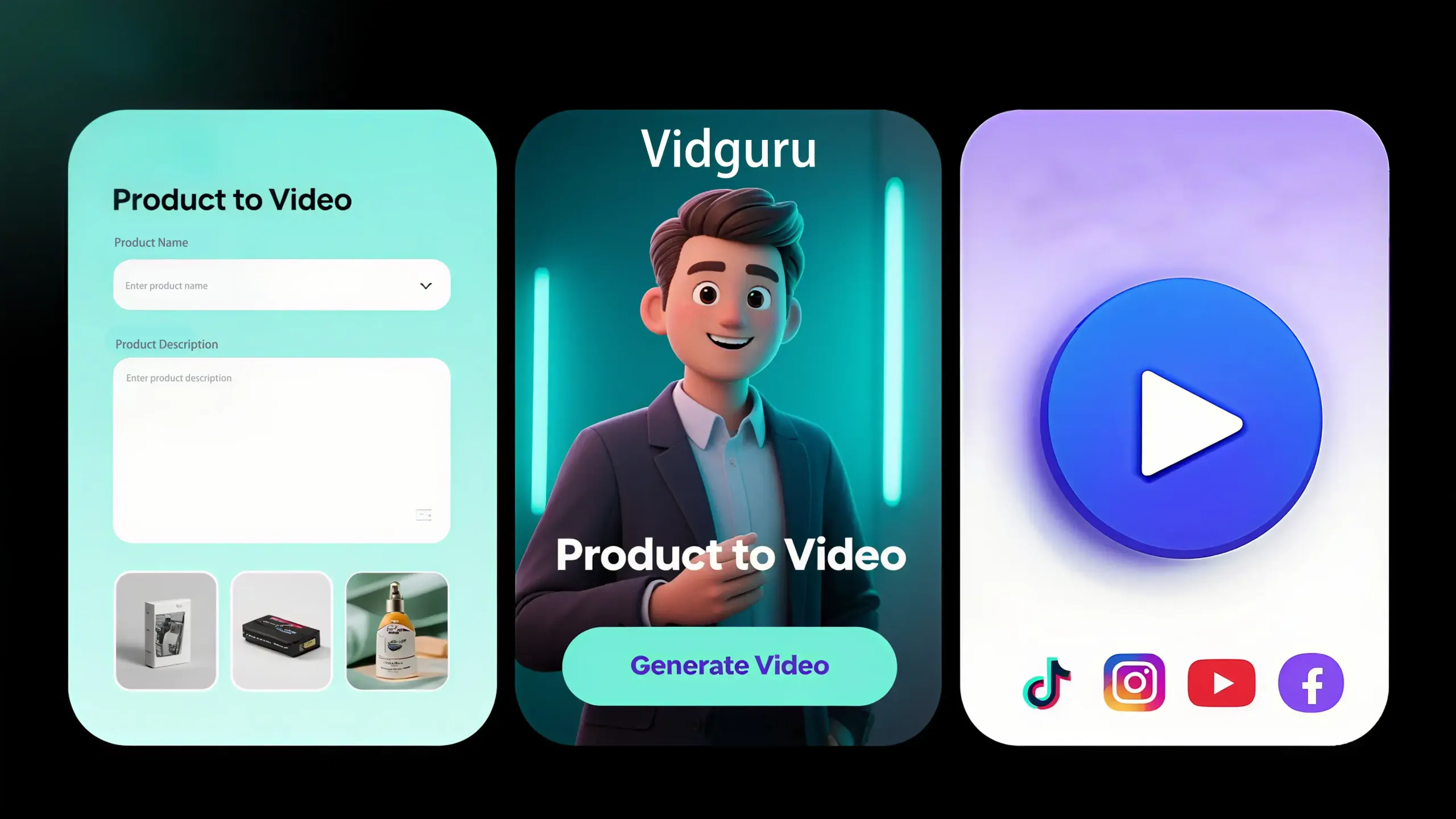 Yapay Zeka Video Oluşturma: Vidguru ile İçerik Üretimini Hızlandırma 1 Futuristic AI platform Vidguru showcasing its video, visual, audio and avatar creation tools in an engaging user interface.