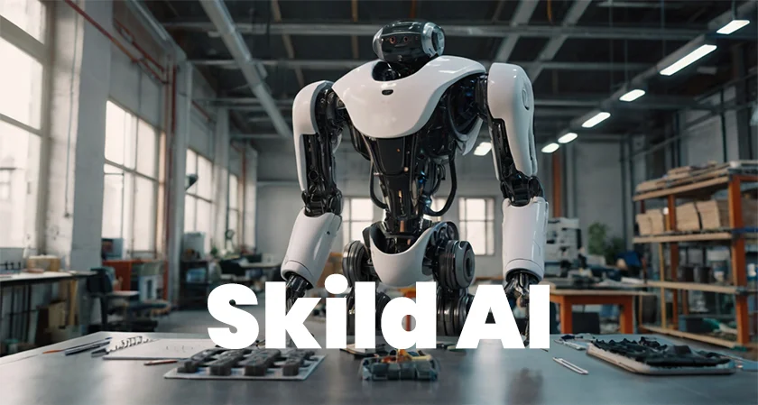 Futuristic depiction of Skild AI's advanced robotics technology in industrial environments.