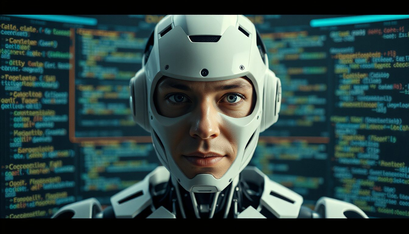 An artistic representation of Claude, a humanoid robot, writing code in a futuristic workspace alongside human engineers, showcasing the integration of AI in software development.