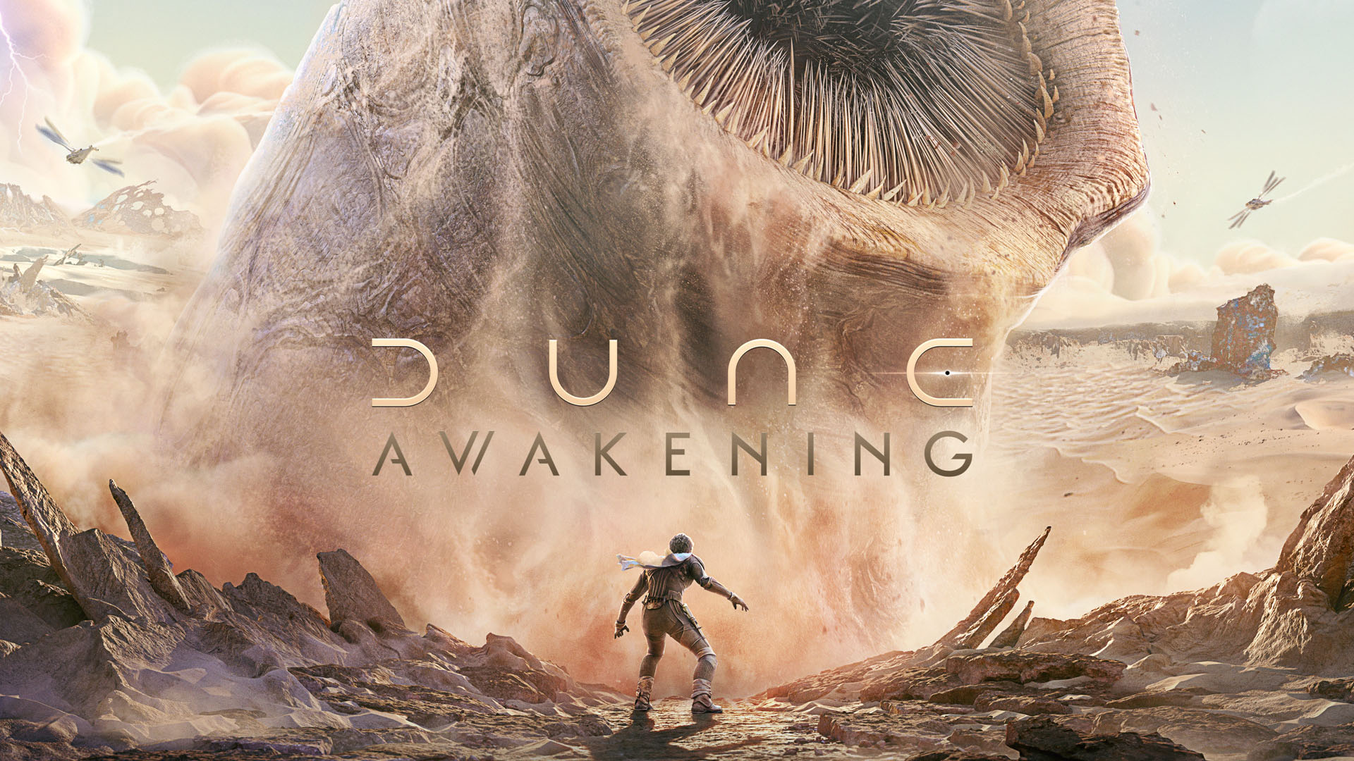 Promotional artwork for Dune: Awakening featuring desert landscapes, characters, and a sandworm in a sci-fi style.