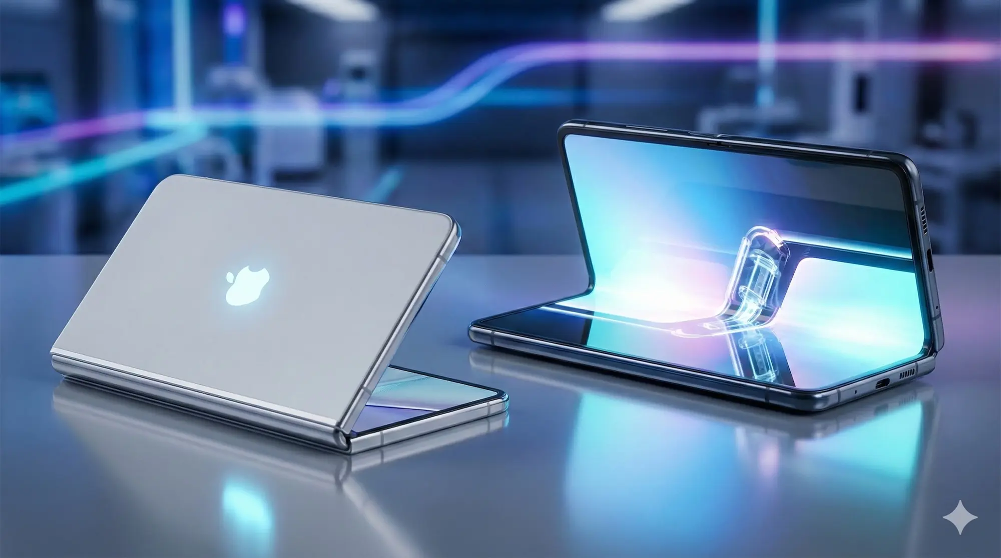 Concept design of a cutting-edge foldable iPhone with a seamless OLED screen displayed at a technology exhibition.