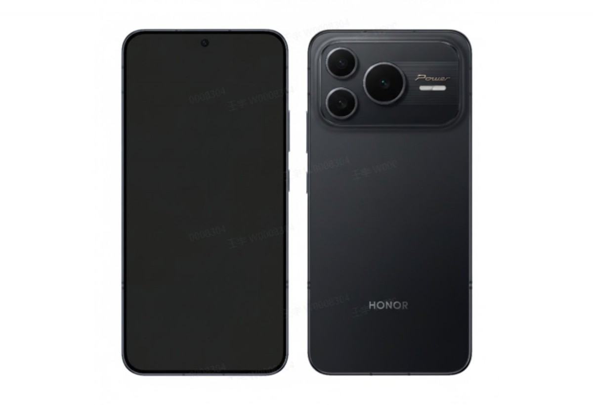 Honor Power2 smartphone showcasing its features including 10,000 mAh battery and advanced cameras in a high-tech setting.