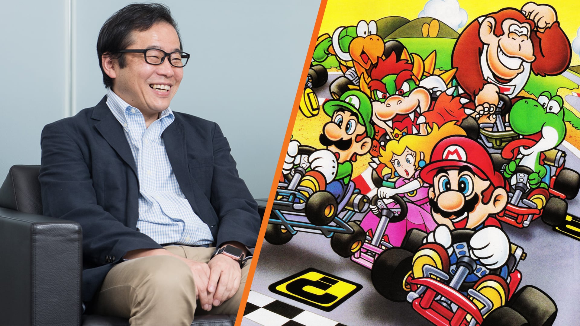 A colorful illustration celebrating Hideki Konno's contribution to the Mario Kart series, featuring vibrant racing karts, nostalgic gaming elements, and a tribute to his retirement.