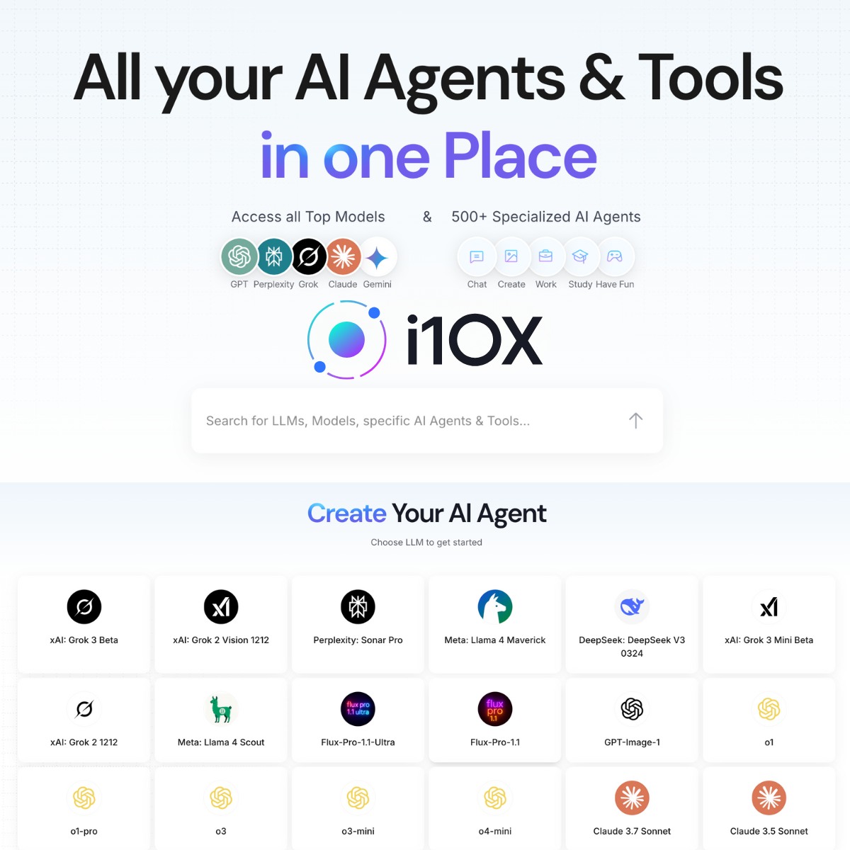 A modern interface of the i10X AI platform displaying various AI models and content creation tools in a vibrant layout.