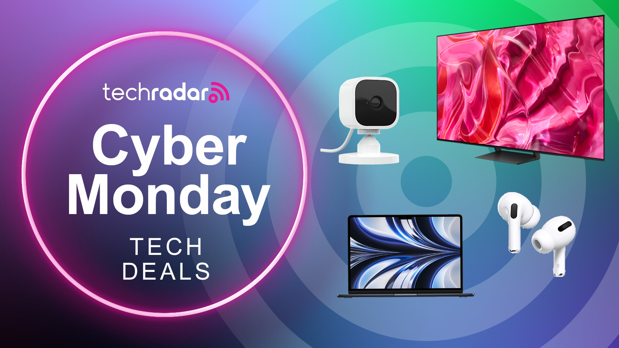 Promotional graphic showcasing today's top tech deals and discounts including Audible, Cyberpunk 2077, USB Docks, gaming headsets and smart devices.