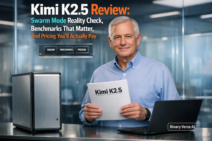 Futuristic representation of Kimi K2.5 AI with Agent Swarm technology managing multiple sub-agents in a high-tech control environment.