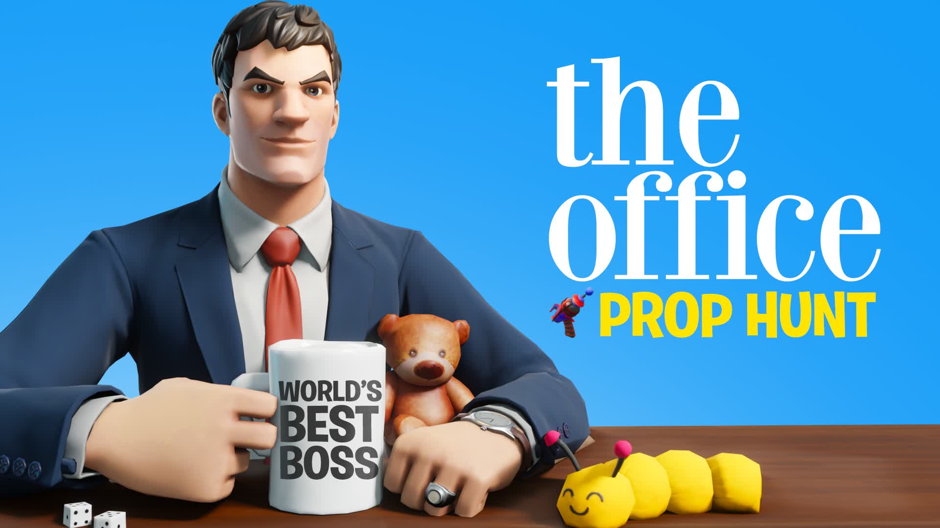 Illustration of a Fortnite and The Office crossover featuring characters like Michael Scott and Dwight Schrute in a colorful battle royale setting.