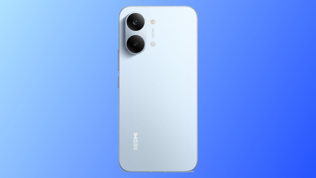 Futuristic design of the Redmi Turbo 5 Max smartphone showcasing a large battery, curved OLED screen, and dual-camera module.