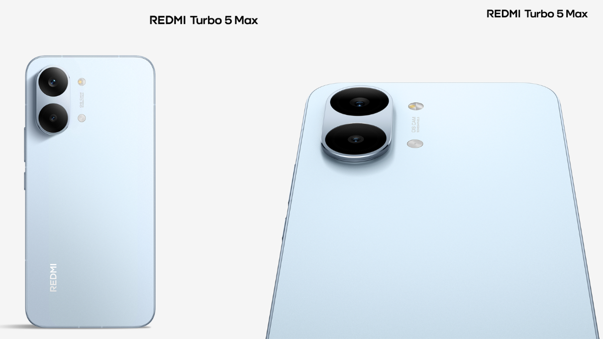 Concept design of the Redmi Turbo 5 Max smartphone showcasing its curved OLED display and dual-camera setup.