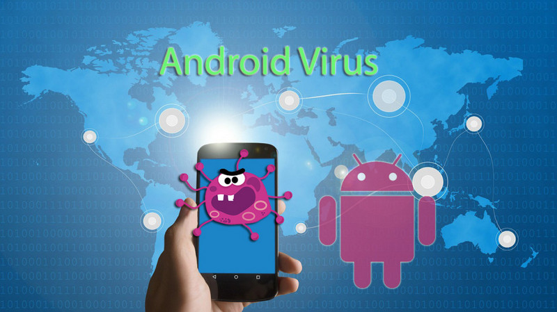 Illustration of a smartphone being attacked by digital viruses, symbolizing the danger of malware threats to Android users.