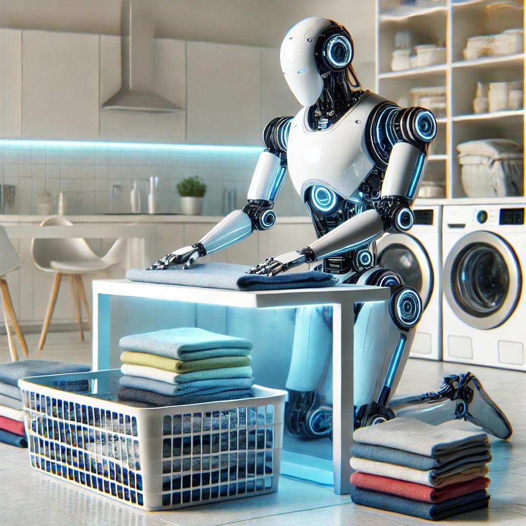 A futuristic OpenAI robot performing household chores in a modern kitchen, toasting bread and folding laundry.