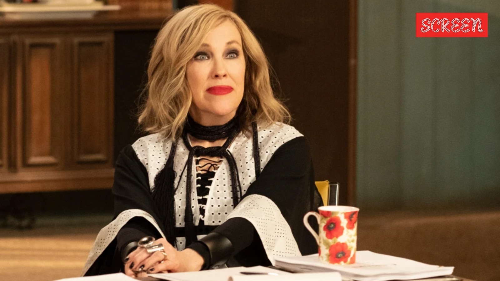 A tribute illustration of Catherine O'Hara, showcasing her iconic roles as Moira Rose and Kate McCallister in a dual portrait style.
