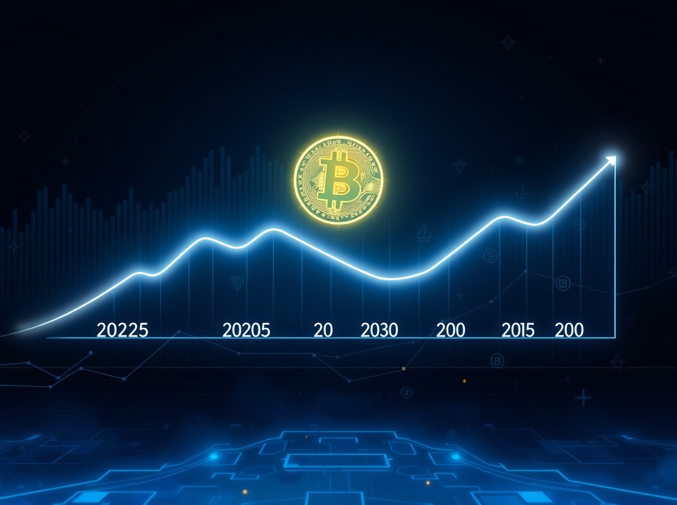 An abstract digital representation of Bitcoin's future with fluctuating graphs, symbols of wealth, and elements of volatility.