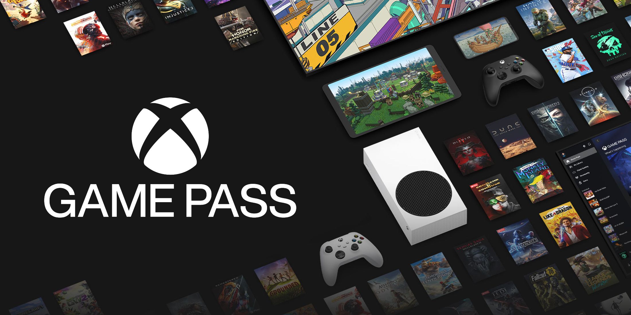 Digital artwork showcasing Xbox Game Pass February releases: Kingdom Come Deliverance and High on Life 2.