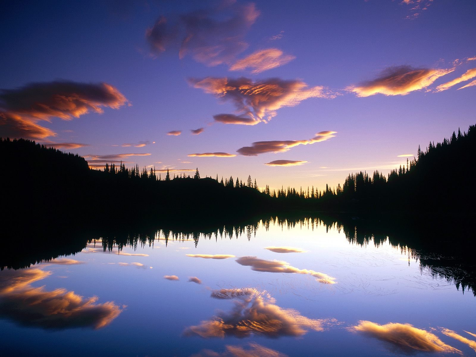 Tranquil forest at sunrise with a serene lake and reflection of vibrant skies.